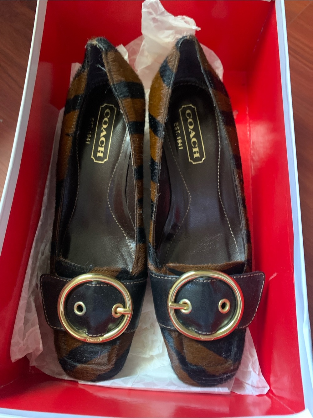 Coach Women’s Brown Black Zebra/ Pony-Hair Buckle Flats